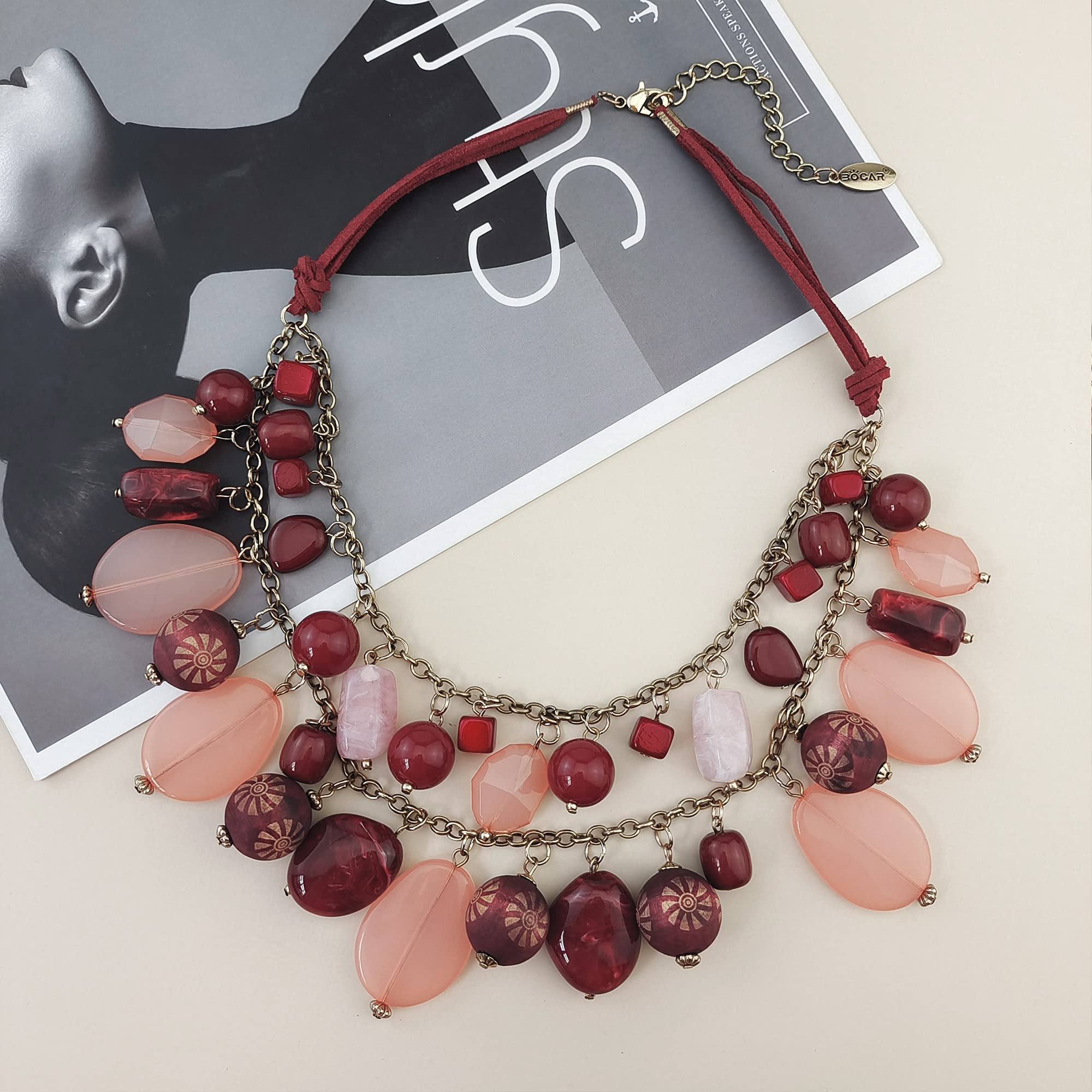 Bocar 2 Layer Statement Necklace Chunky Beaded Fashion Necklace for Women Gifts - Image 3