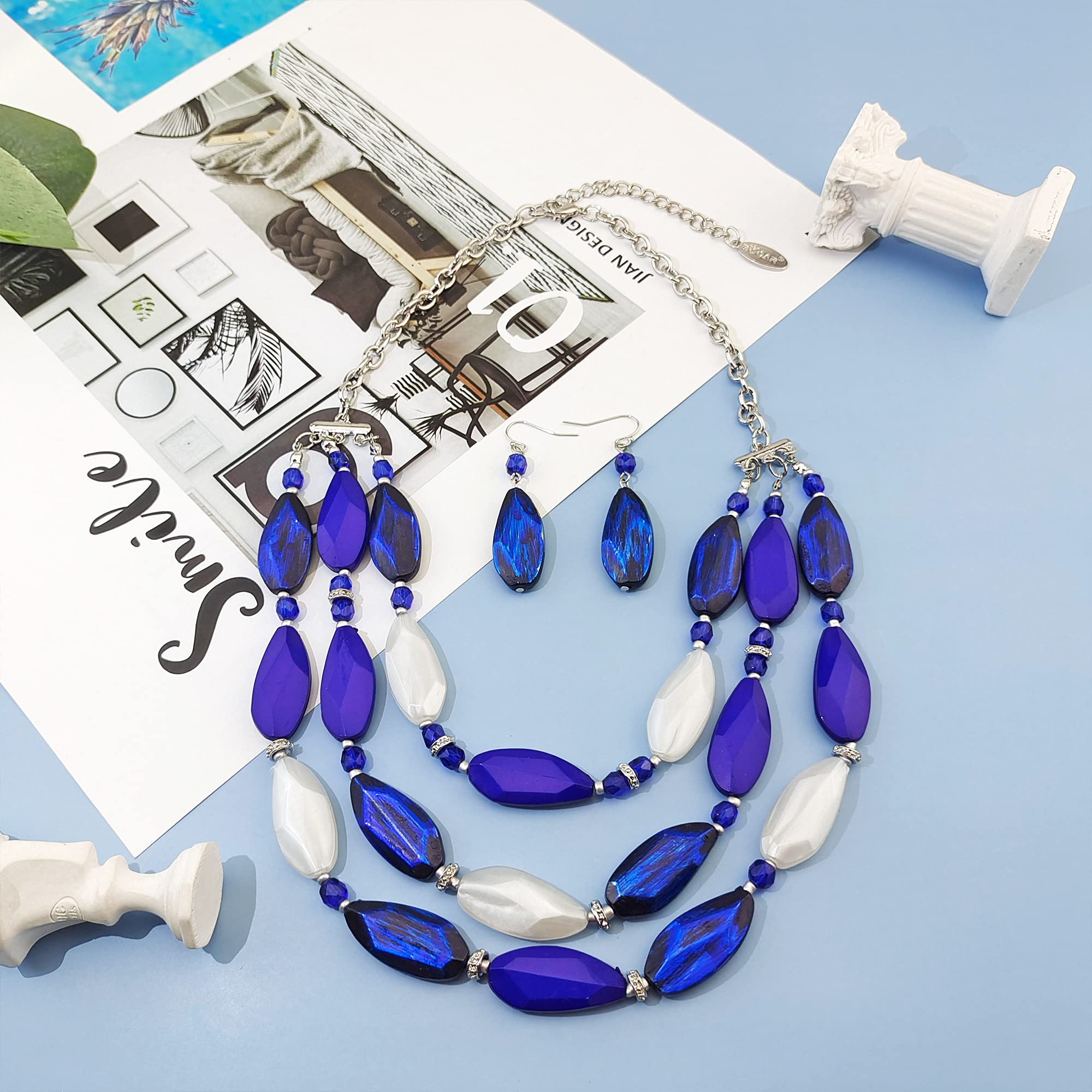 Bocar 3 Layer Beads Statement Necklace Earring for Women Jewelry Set - Image 3