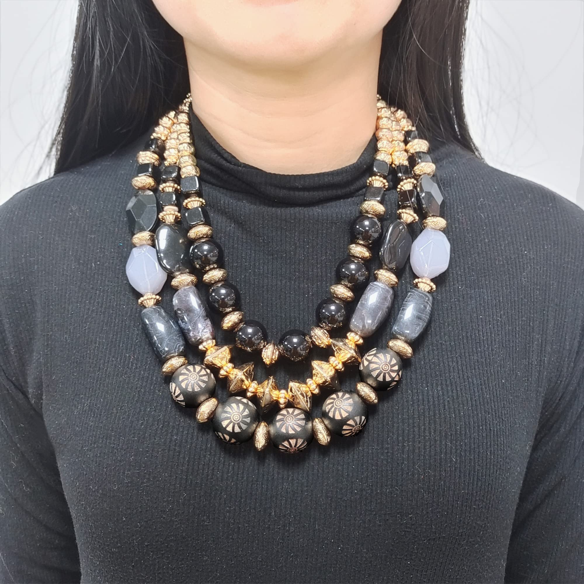 Bocar 3 Layer Chunky Statement Beaded Necklace and Earrings Set, Fashion Multi Layer Women Collar Necklace Jewelry Set - Image 3