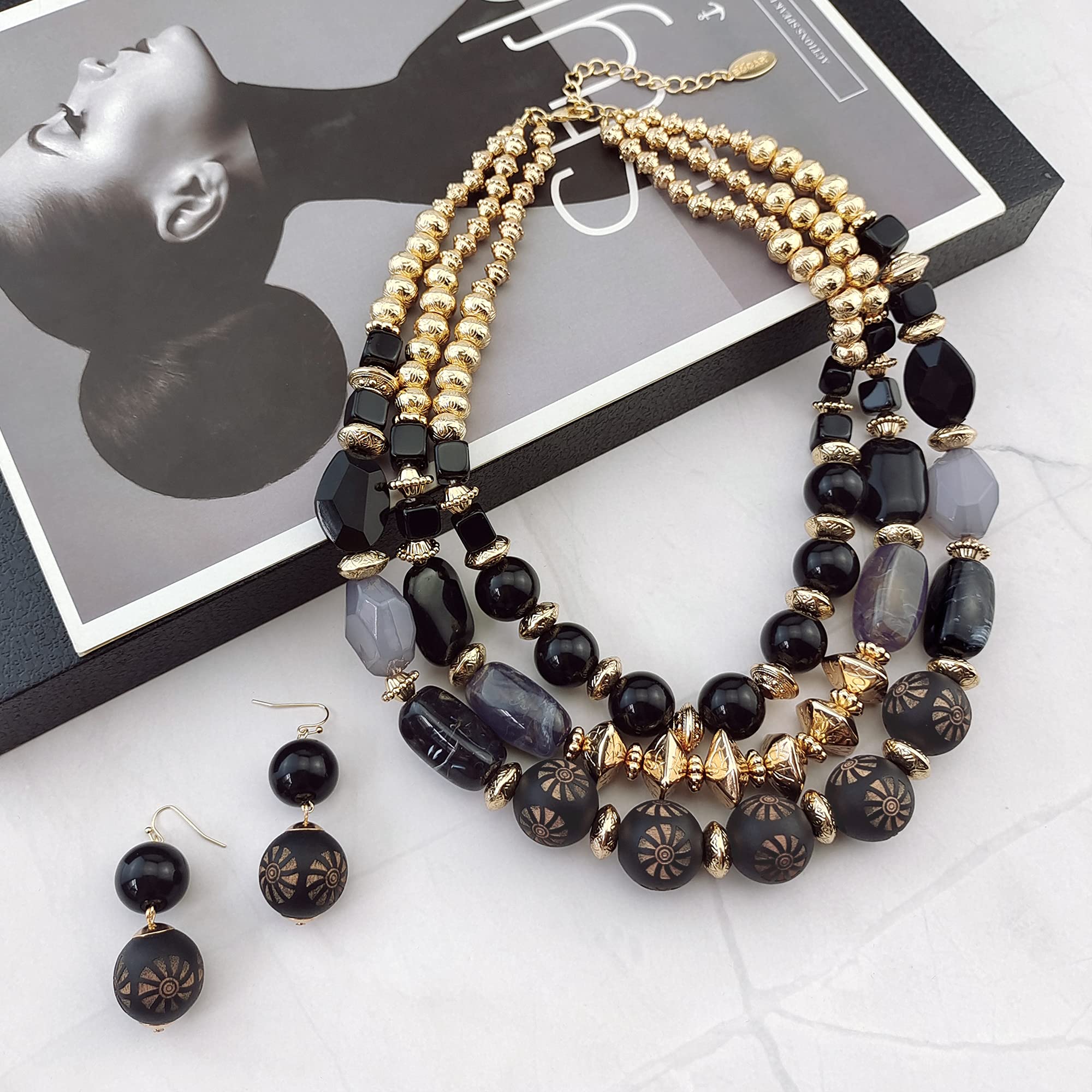 Bocar 3 Layer Chunky Statement Beaded Necklace and Earrings Set, Fashion Multi Layer Women Collar Necklace Jewelry Set - Image 4