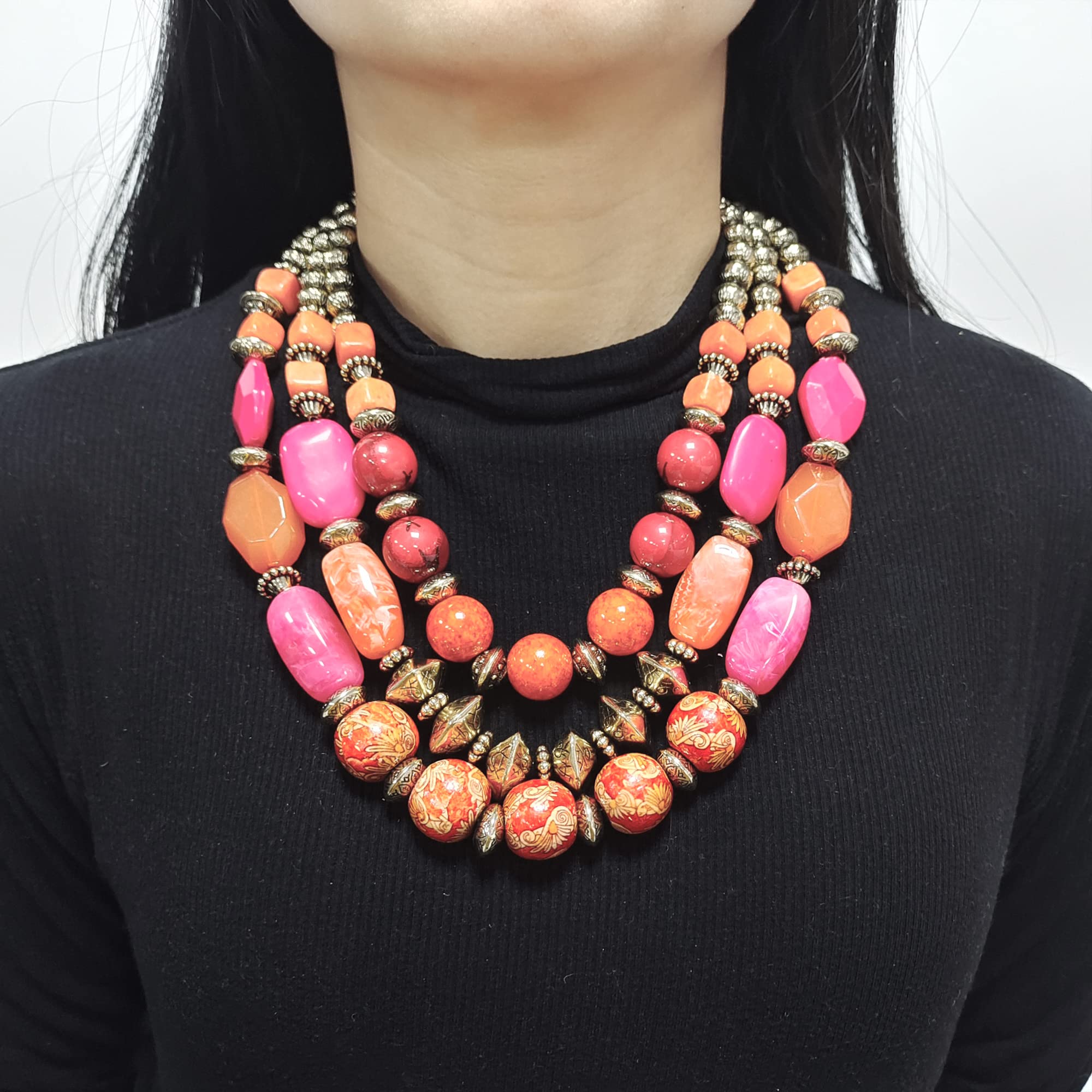 Bocar 3 Layer Chunky Statement Beaded Necklace Earrings Bracelet Set, Fashion Multi Layer Women Collar Necklace Jewelry Set - Image 3