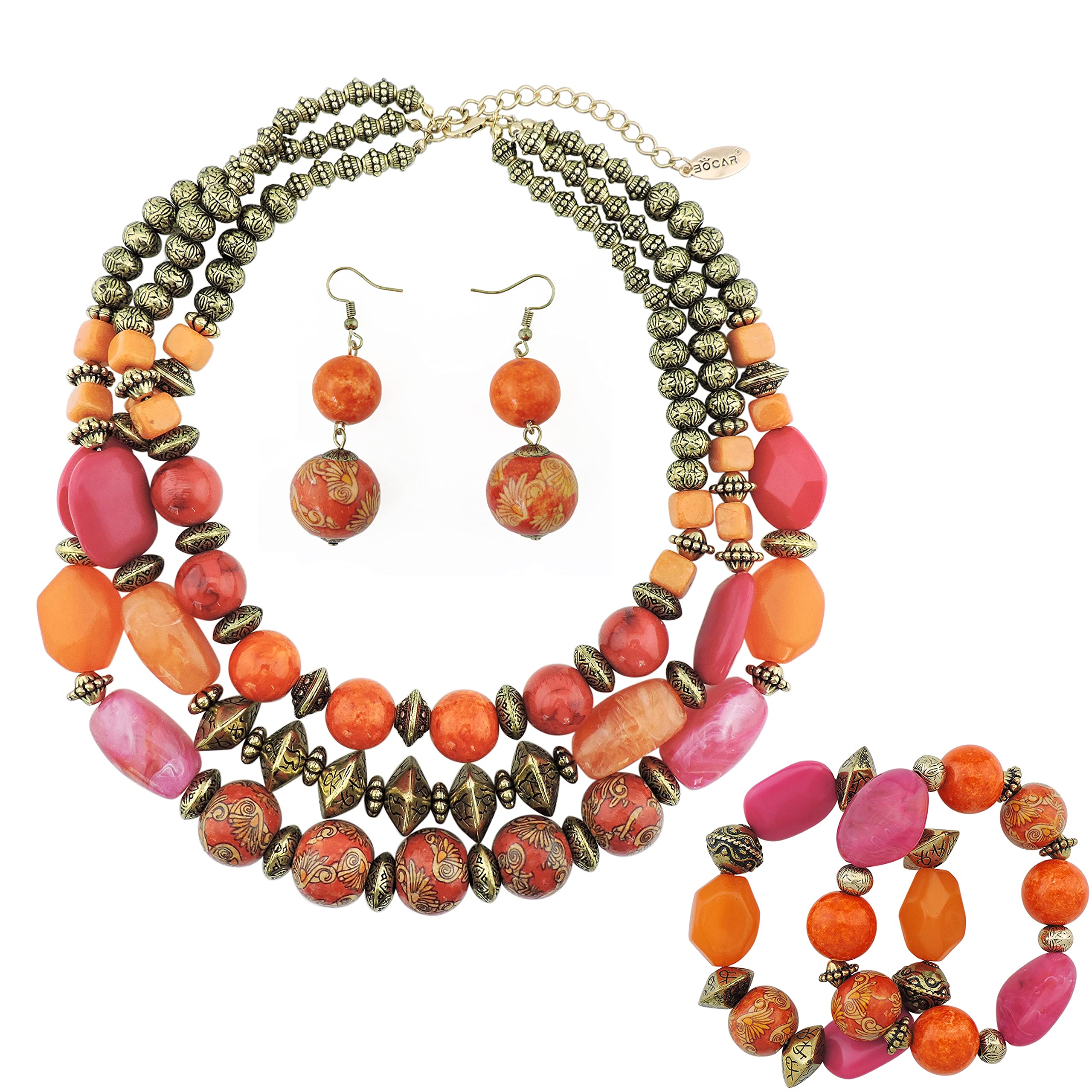 Bocar 3 Layer Chunky Statement Beaded Necklace Earrings Bracelet Set, Fashion Multi Layer Women Collar Necklace Jewelry Set - Image 4