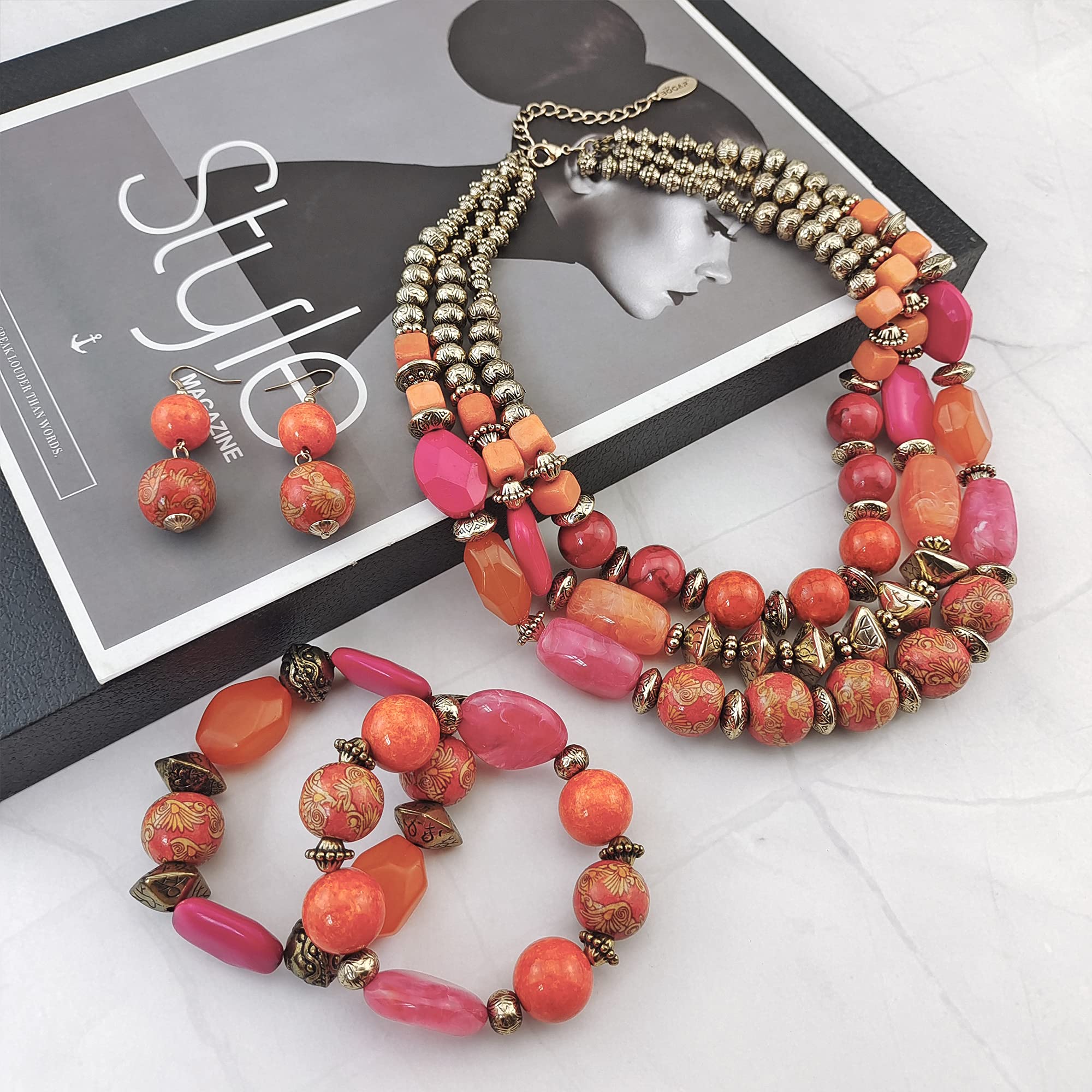 Bocar 3 Layer Chunky Statement Beaded Necklace Earrings Bracelet Set, Fashion Multi Layer Women Collar Necklace Jewelry Set - Image 5