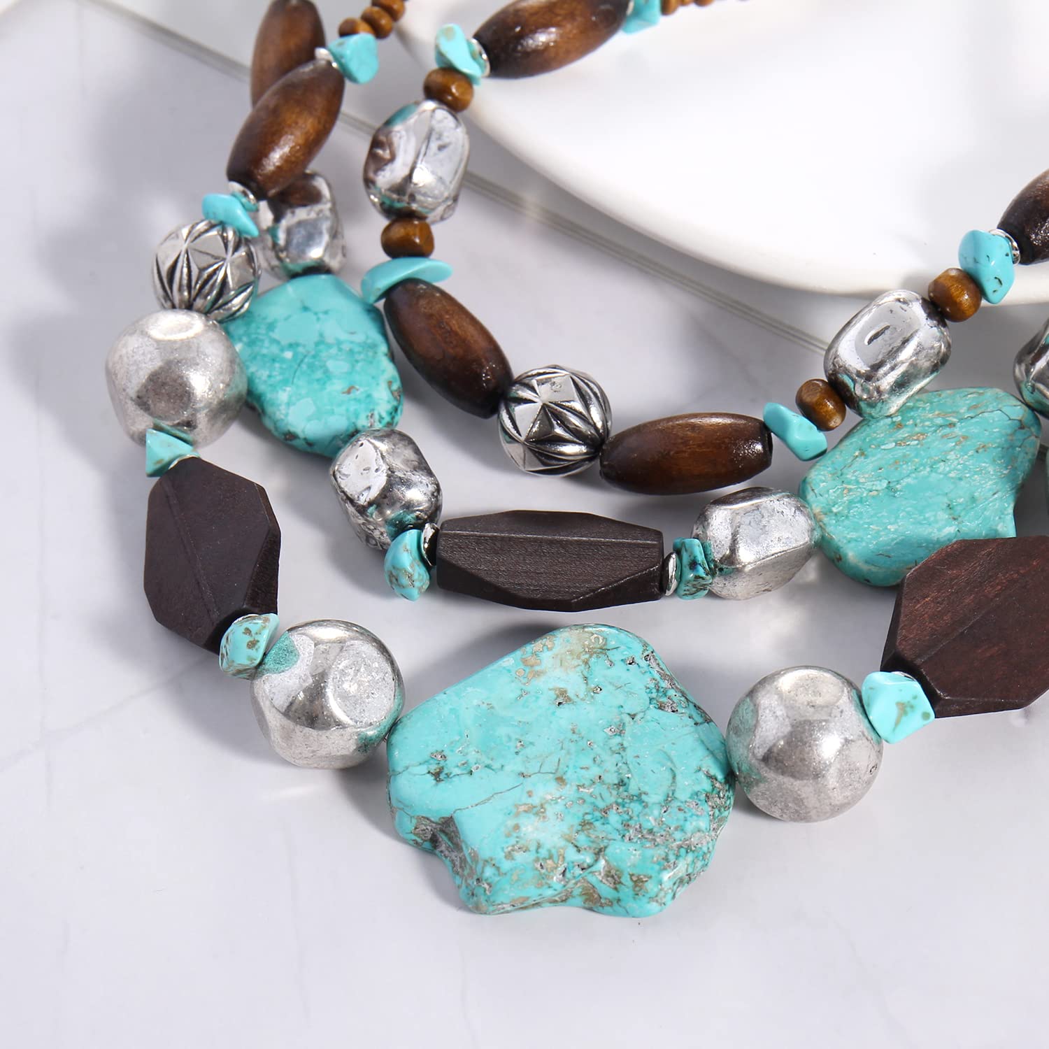 Bocar 3 Layer Turquoise Wood Beaded Statement Chunky Necklace Multi Strands Handmade Collar Jewelry for Women Gifts (NK-10124) - Image 3