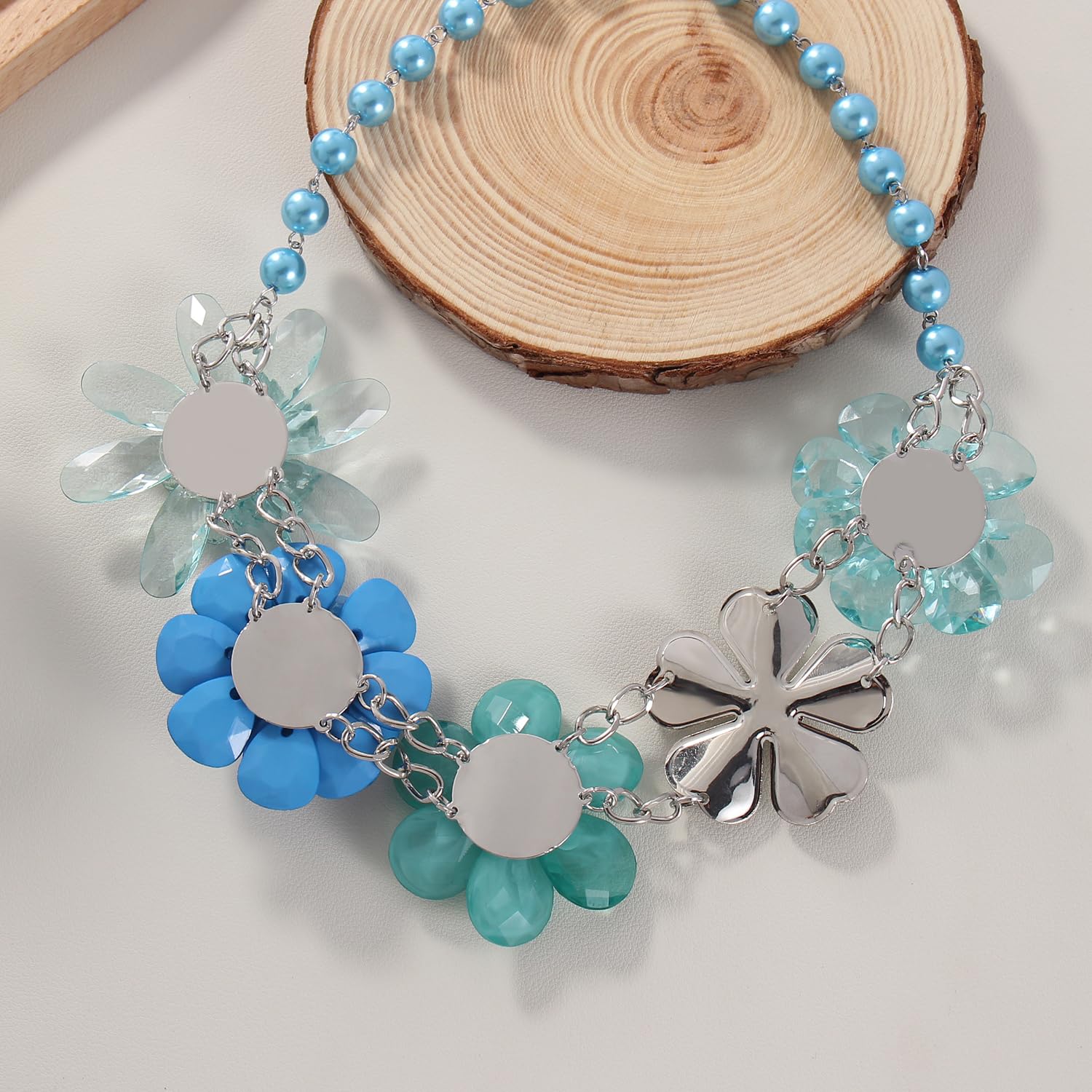 Bocar 5 Flower Braided Crystal Statement Chunky Necklace Bib Collar Flower Pearl Jewelry for Women - Image 3