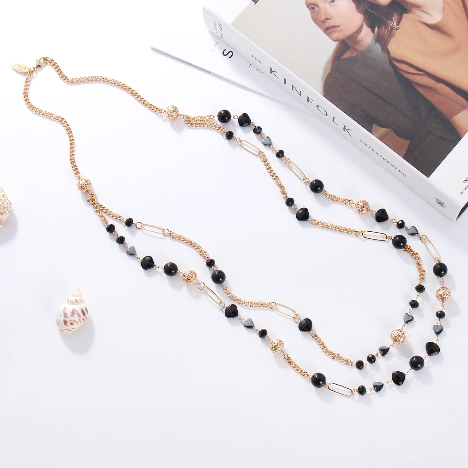 Bocar Beaded Necklace, 2 Layer Long Link Chain Necklace Crystal Beads for Women, Choker Jewelry Gift - Image 4