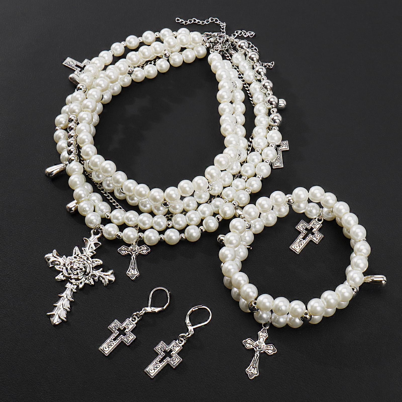 Bocar Gothic Cross Layered Pearl Necklace Chunky Statement Stacked Necklace Y2K Silver Layered Necklace for Women (NK-10769) - Image 4