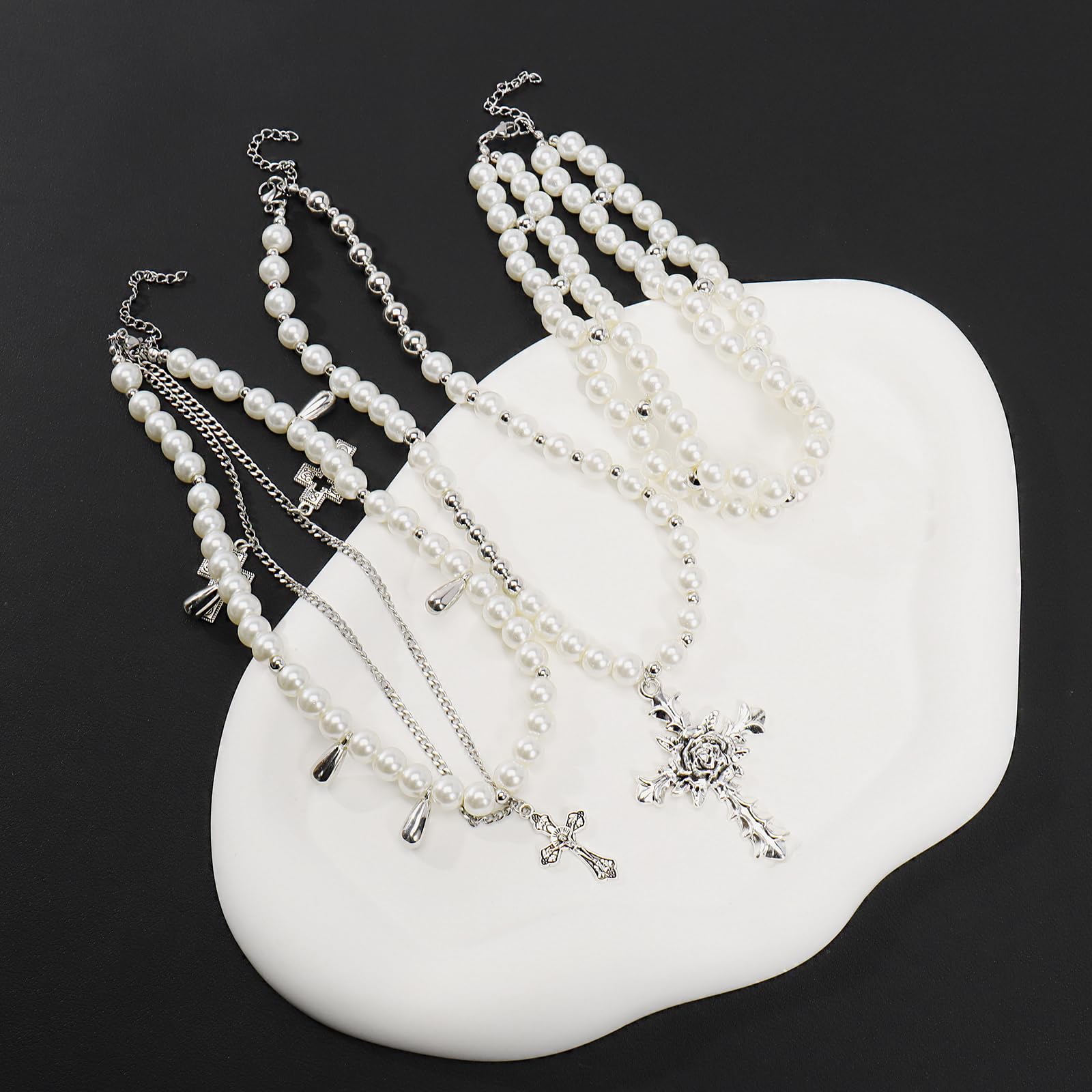 Bocar Gothic Cross Layered Pearl Necklace Chunky Statement Stacked Necklace Y2K Silver Layered Necklace for Women (NK-10769) - Image 5