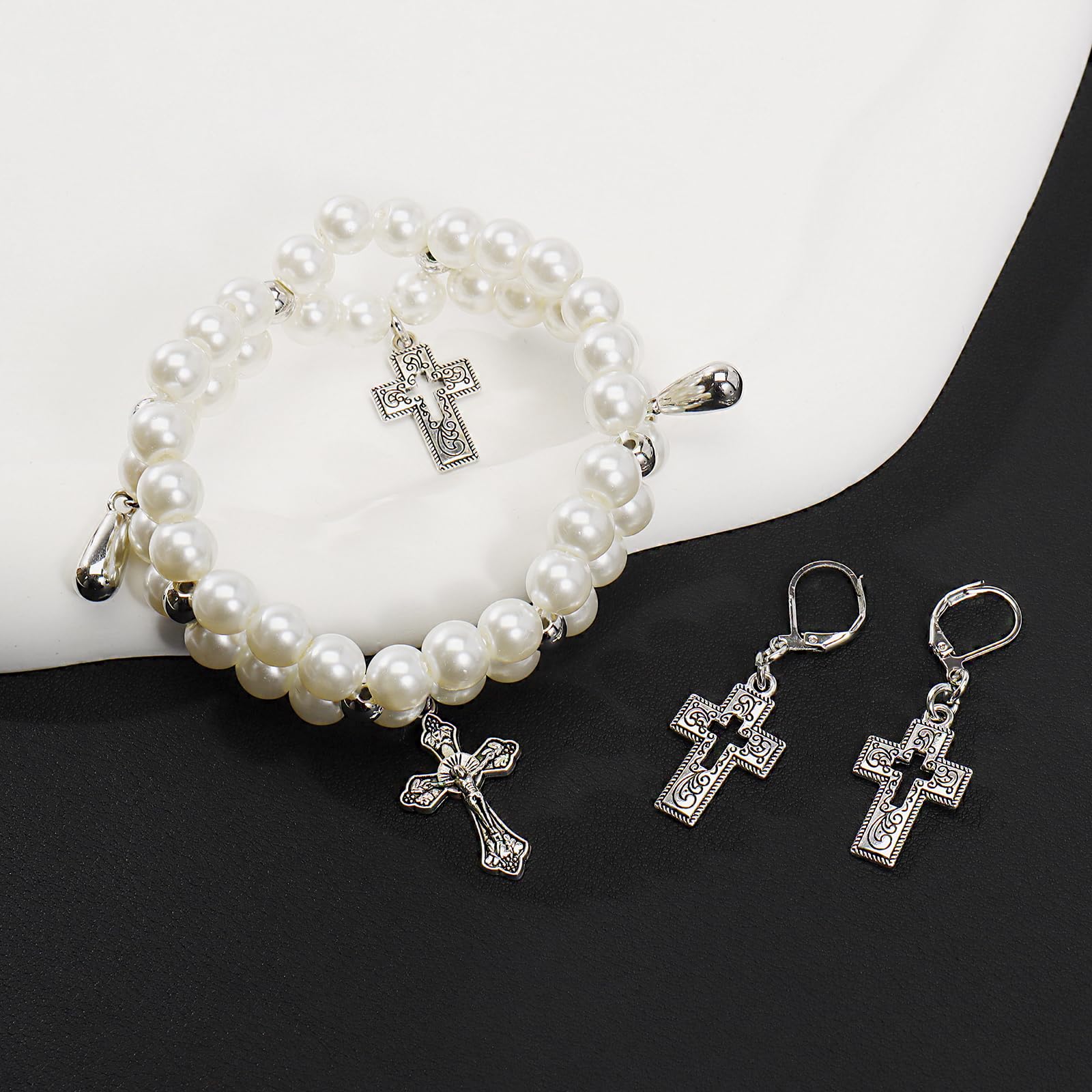 Bocar Gothic Cross Layered Pearl Necklace Chunky Statement Stacked Necklace Y2K Silver Layered Necklace for Women (NK-10769) - Image 6