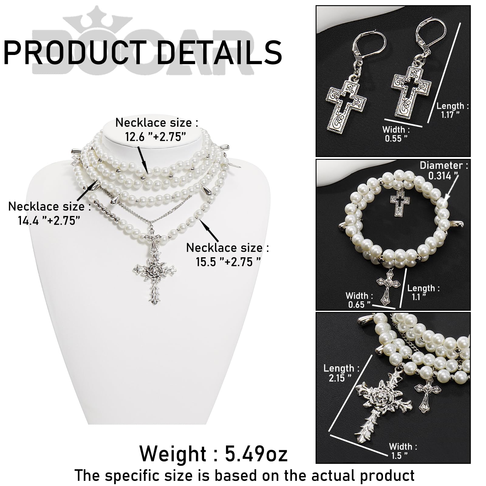 Bocar Gothic Cross Layered Pearl Necklace Chunky Statement Stacked Necklace Y2K Silver Layered Necklace for Women (NK-10769) - Image 8
