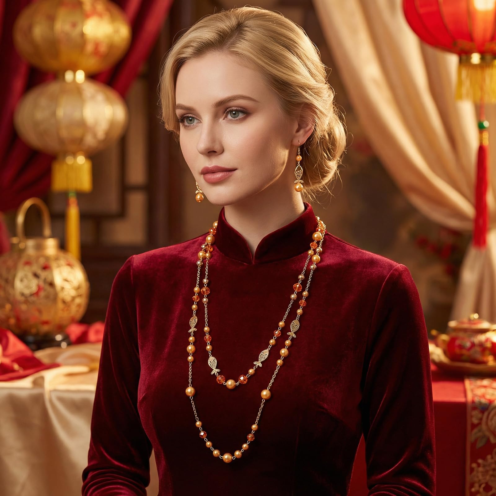 Bocar Layered Beaded Necklace and Earrings Set,2 Strand Long Necklace with Crystal Beads, Fashion Jewelry Set for Women Daily Party Wear(P-NK-10825) - Image 3