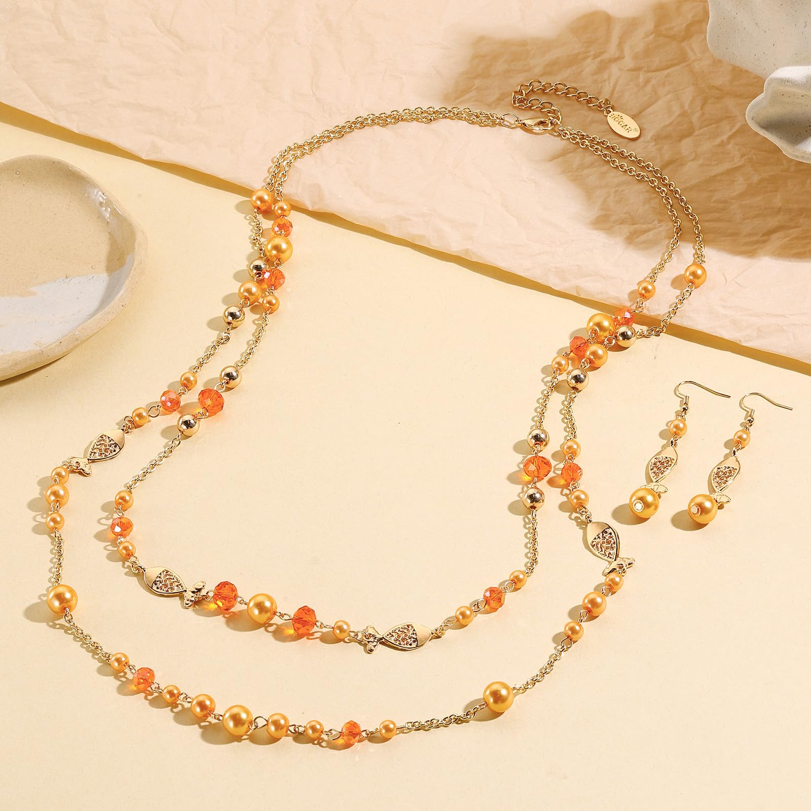 Bocar Layered Beaded Necklace and Earrings Set,2 Strand Long Necklace with Crystal Beads, Fashion Jewelry Set for Women Daily Party Wear(P-NK-10825) - Image 4