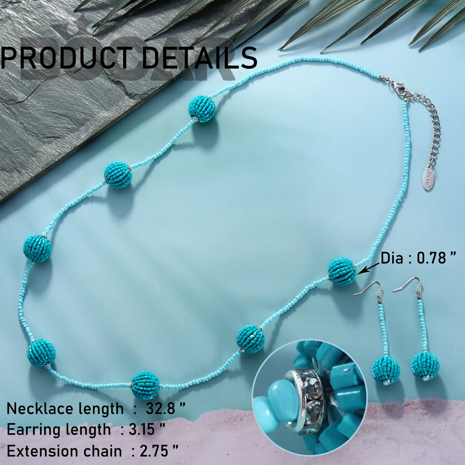 Bocar Long Beaded Necklace with Rhinestones Ball Fashion Costume Beads Necklace Earrings Set Women Gift - Image 7