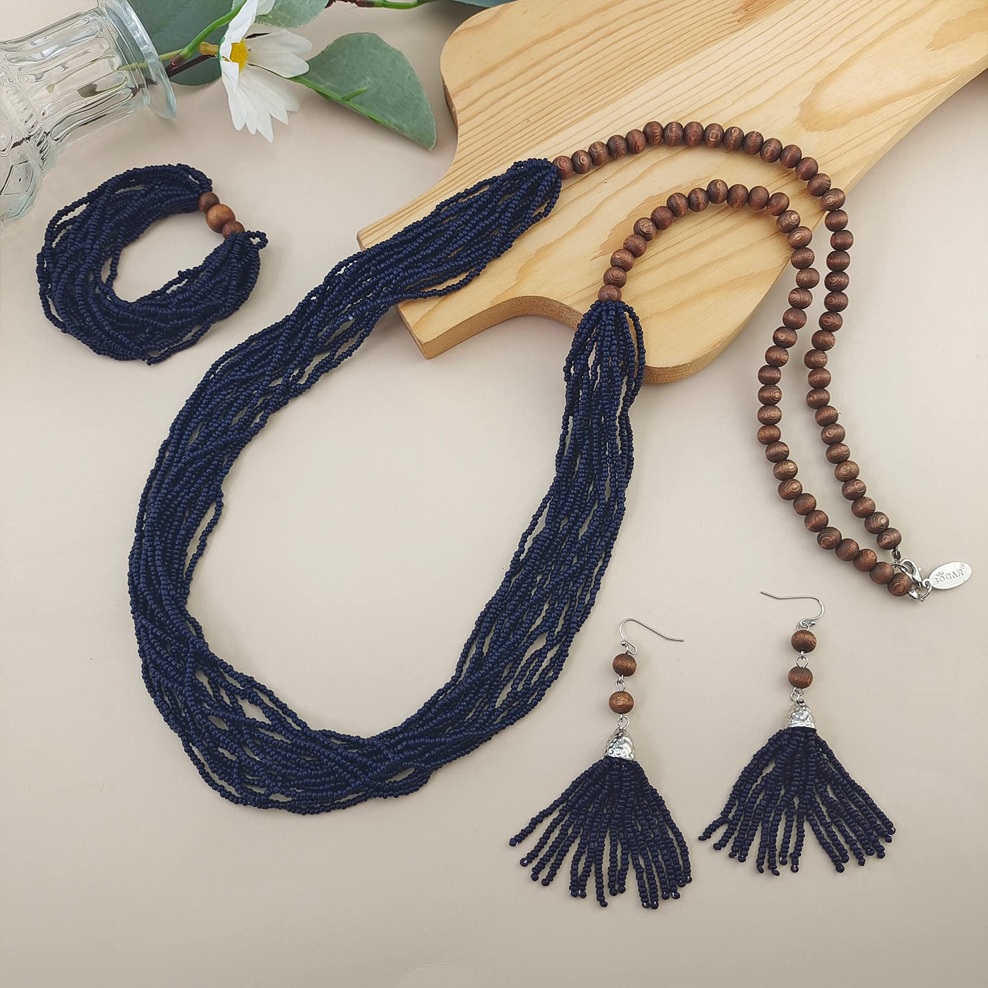 Bocar Long Multiple Row Handmade Beaded Statement Necklace with Gift Box (NK-10407-navy blue-set) - Image 3