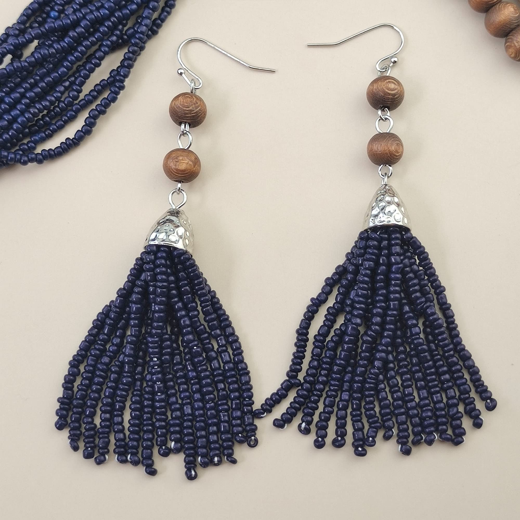 Bocar Long Multiple Row Handmade Beaded Statement Necklace with Gift Box (NK-10407-navy blue-set) - Image 4