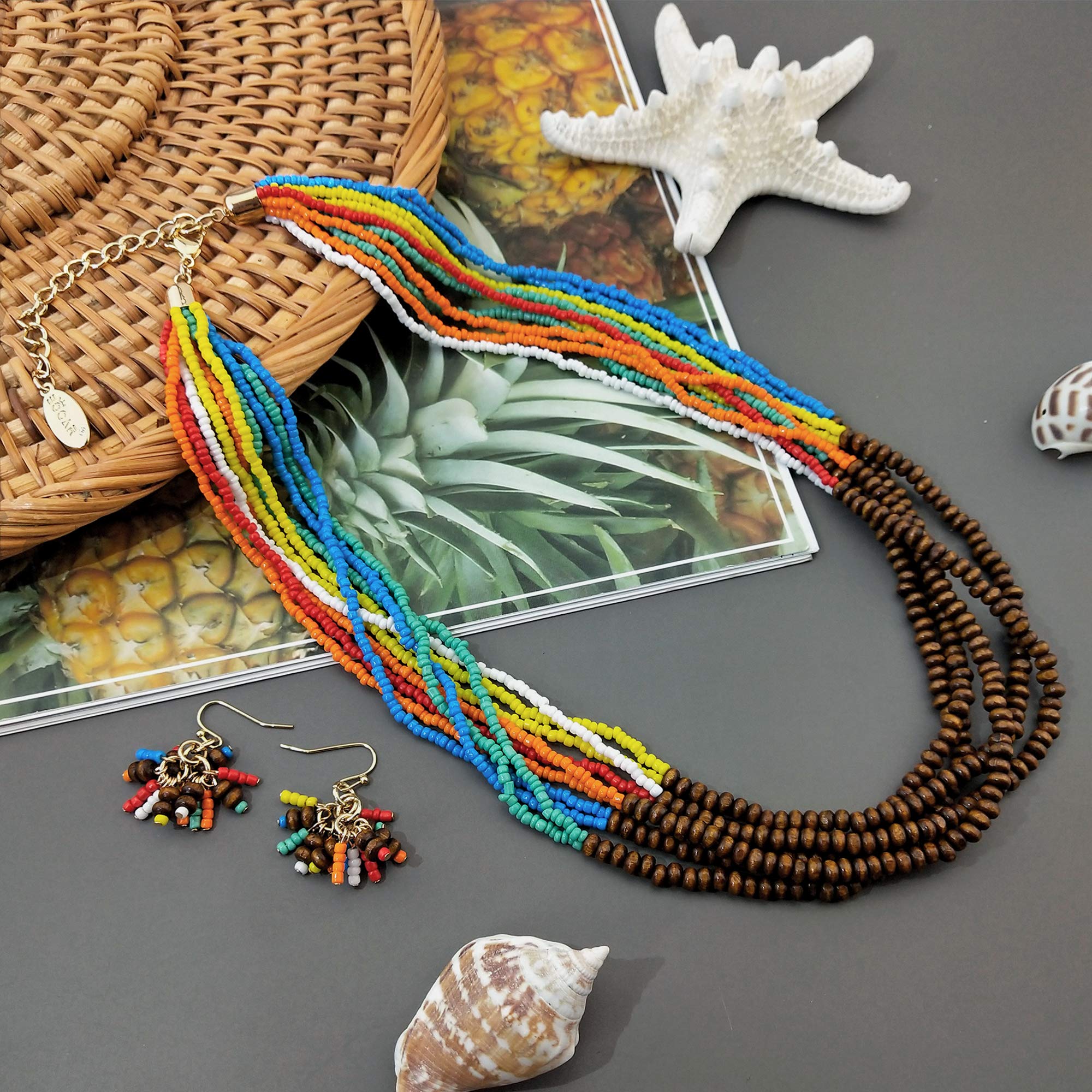 Bocar Multi Layer Beaded Necklace for Women Handmade 5 Strand Necklace and Earrings Set - Image 3