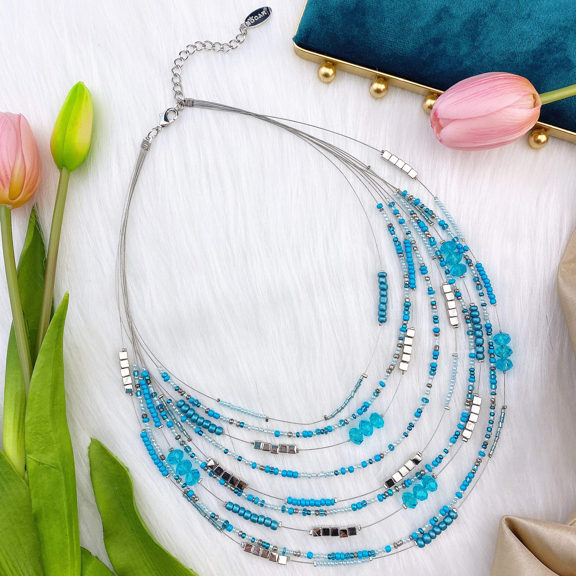 Bocar Multilayer Colorful Handmade Seed Beads Illusion Chain Bib Necklace Wedding Bridal Jewelry - Image 3