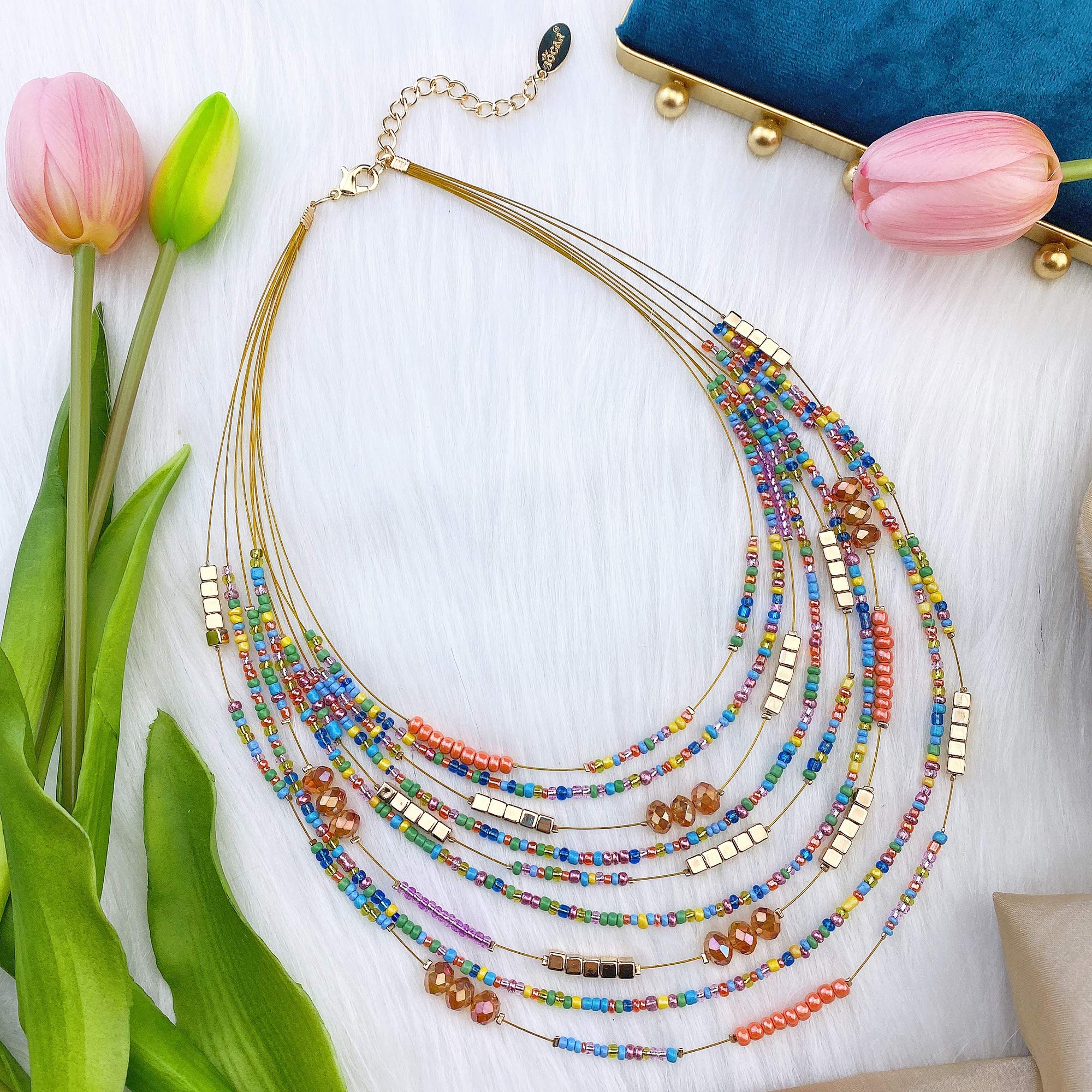 Bocar Multilayer Colorful Handmade Seed Beads Illusion Chain Bib Necklace Wedding Bridal Jewelry - Image 3