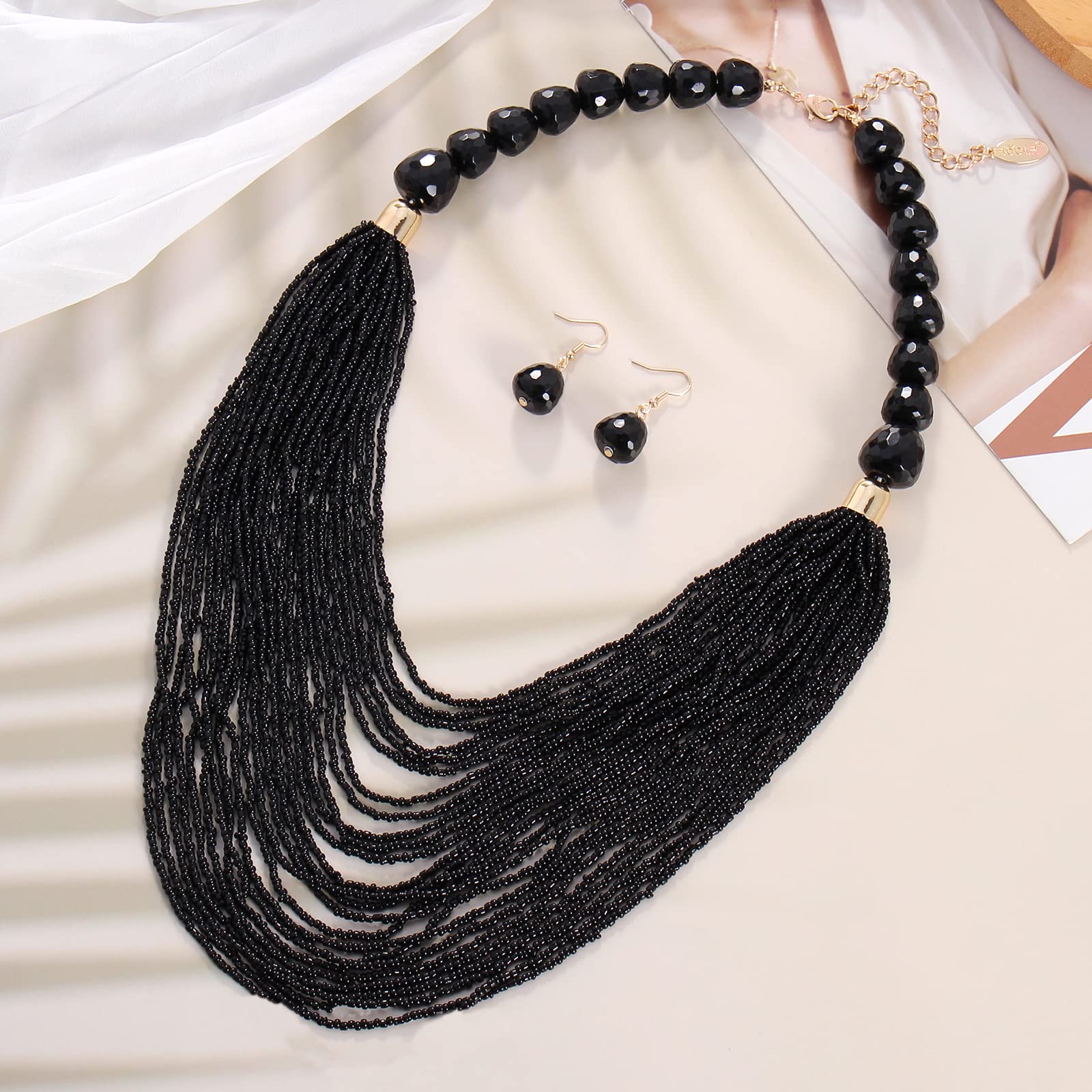 Bocar Necklace for Women, Multi Layer Statement Necklace, Long Chain Chunky Bib Seed Beads Necklace, Necklace Earring Set for Women Gift (NK-10693) - Image 3