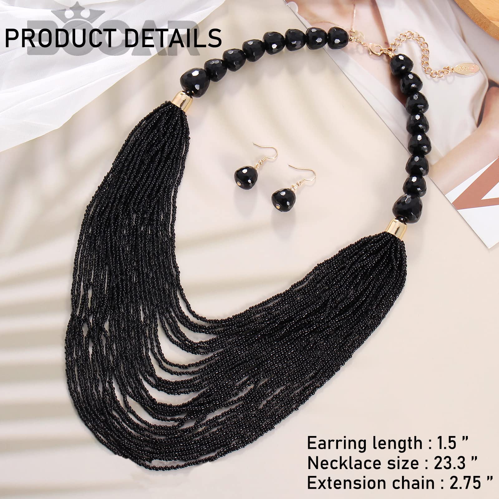 Bocar Necklace for Women, Multi Layer Statement Necklace, Long Chain Chunky Bib Seed Beads Necklace, Necklace Earring Set for Women Gift (NK-10693) - Image 6